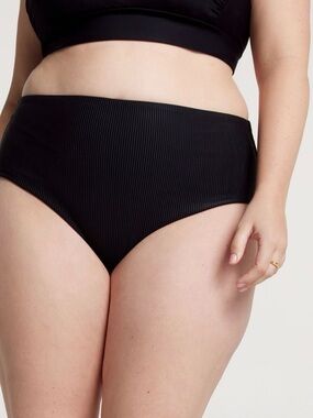 Calia Black Ribbed Mid-Rise Swim Bottom